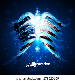 Abstract angel wings with american flag on shiny space background