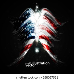 Abstract angel wings with American flag on shiny space background