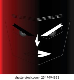 Abstract angry face Art in black and white contrast on dark red gradient background. Facial expressions, line art.