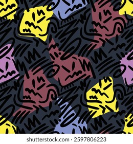 Abstract angry face with doodle seamless pattern for funky idea.