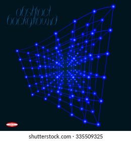 abstract angular dark blue pattern with aquamarine web structure texture with cube with aqua line isolated on dark cyan background. vector illustration