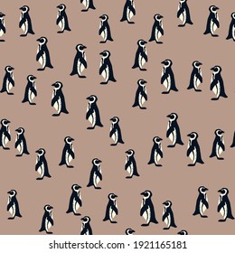 Abstract animal arctic seamless pattern with doodle penguin silhouettes. Beige background. Perfect for fabric design, textile print, wrapping, cover. Vector illustration.