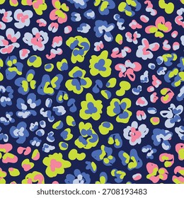 Abstract animal florals seamless repeat pattern. Random placed, vector wild blooms aop, all over surface print on dark blue background.