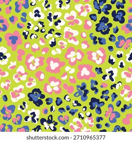 Abstrato florais animais padrão de repetição sem costura. Aleatoriamente colocado, vetor selvagem floresce acima, toda sobre impressão de superfície no fundo verde-limão.