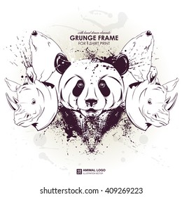 abstract animal grunge logo. HIPSTER print for t-shirt. Animal modern street style attributes. Vector art. panda bear and rhino head for poster.