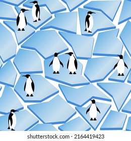 Abstract animal pattern. Seamless print. Colorful flat penguins on blocks of ice on white background.