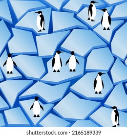 Abstract animal pattern. Seamless print. Colorful flat penguins on blocks of ice on blue background.