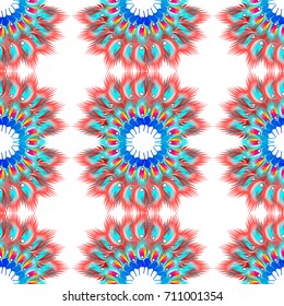 Abstract animal patterns wings feather artistic mix design. Seamless template trendy colour blue red mint. Vector feather geometric collage peacock neon color hand graphic.