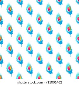 Abstract animal print feathers pattern bright mix colour blue red. Vector feather geometric collage peacock neon color hand graphic.