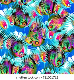 Abstract animal print feathers pattern bright mix colour blue red. Vector feather geometric collage peacock neon color hand graphic.