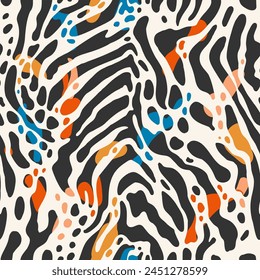 Abstract animal print pattern with orange, blue, and black spots. Seamless vector print suitable for for apparel, textile, wrapping paper, etc