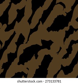 Abstract animal print seamless pattern in black and brown, camouflage clothing. Spots, lines. Spotted repeating background texture. Cloth design. Wallpaper, wrapping