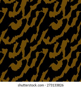 Abstract animal print seamless pattern in black and brown, camouflage clothing. Spots, lines. Spotted repeating background texture. Cloth design. Wallpaper, wrapping
