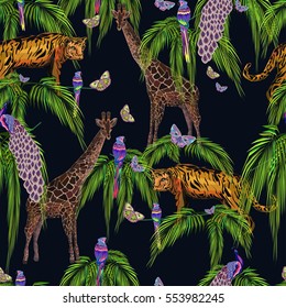 Abstract animal seamless pattern, bright tiger, giraffe, parrot, peacock, butterfly, palm leaves, vector