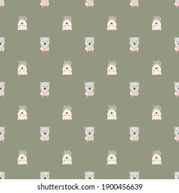 Abstract animal seamless pattern with cartoon bear sailor ornament. Grey background. Hand drawn style. Vector illustration for seasonal textile prints, fabric, banners, backdrops and wallpapers.