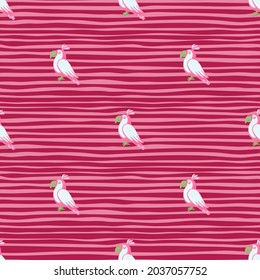 Abstract animal seamless pattern with doodle white parrots shapes. Pink striped background. Funny backdrop. Perfect for fabric design, textile print, wrapping, cover. Vector illustration.