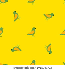 Abstract animal seamless pattern with dove bird elements. Yellow bright background. Vector illustration for seasonal textile prints, fabric, banners, backdrops and wallpapers.