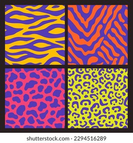 Abstract animal seamless pattern set. Retro 80s 90s style neon color tiger, leopard, jaguar skin print collection. Bright colorful wild animal vector background