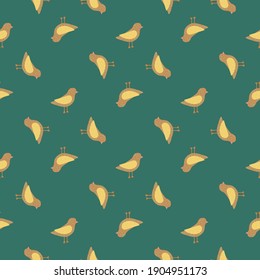 Abstract animal seamless pattern with yellow birds ornament. Turquoise background. Vector illustration for seasonal textile prints, fabric, banners, backdrops and wallpapers.