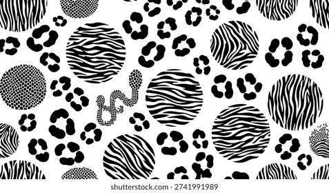 Abstract animal skin circle shape seamless pattern, monochrome leopard zebra snake print round elements background, wild safari vector texture.
