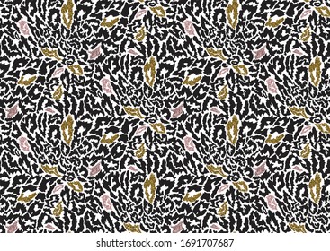 Abstract animal skin leopard seamless pattern design.  Black and white, golden and pink glitter texture seamless