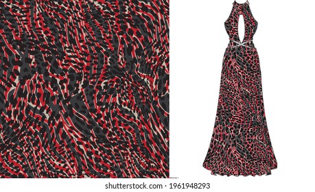 Abstract Animal Skin Leopard Seamless Pattern Design On Women's Dress Mockup.  Jaguar, Leopard, Cheetah, Panther Fur. Seamless Camouflage Background For Fabric, Textile, Design, Cover, Wrapping.