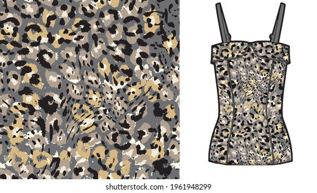 Abstract Animal Skin Leopard Seamless Pattern Design On Women's Top Mockup. Jaguar, Leopard, Cheetah, Panther Fur. Seamless Camouflage Background For Fabric, Textile, Design, Cover, Wrapping.