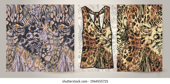 Abstract animal skin leopard seamless pattern design on women's top mockup.  Jaguar, leopard, cheetah, panther fur. Seamless camouflage background for fabric, textile, design, cover, wrapping.