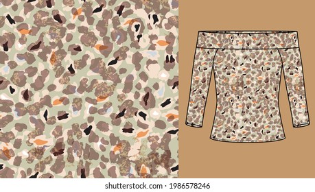 Abstract Animal Skin Leopard Seamless Pattern Design  On Women's Top Mockup. Jaguar, Leopard, Cheetah, Panther Fur. Seamless Camouflage Background For Fabric, Textile, Design, Cover, Wrapping.