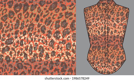 Abstract animal skin leopard seamless pattern design  on women's top mockup. Jaguar, leopard, cheetah, panther fur. Seamless camouflage background for fabric, textile, design, cover, wrapping.