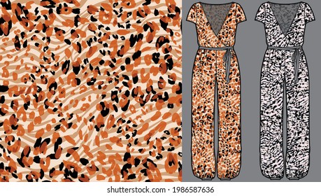 Abstract Animal Skin Leopard Seamless Pattern Design On Women's Jumpsuit Mockup. Jaguar, Leopard, Cheetah, Panther Fur. Seamless Camouflage Background For Fabric, Textile, Design, Cover, Wrapping.