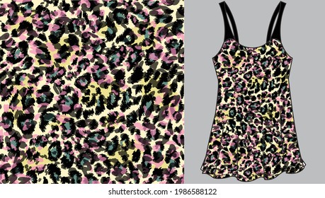 Abstract animal skin leopard seamless pattern design on women's top mockup. Jaguar, leopard, cheetah, panther fur. Seamless camouflage background for fabric, textile, design, cover, wrapping.