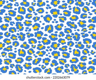 Abstract animal skin leopard seamless pattern design. Jaguar, leopard, cheetah, panther. Blue and yellow seamless camouflage background print.