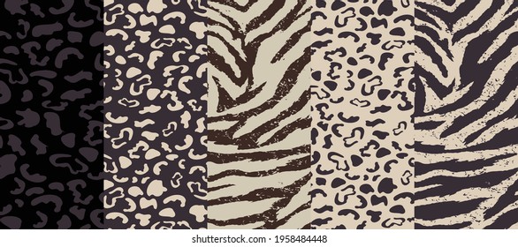 Abstract animal skin leopard and tiger seamless pattern design set. Jaguar, leopard, cheetah, panther fur. Seamless camouflage background for fabric, textile, design, cover, wrapping.