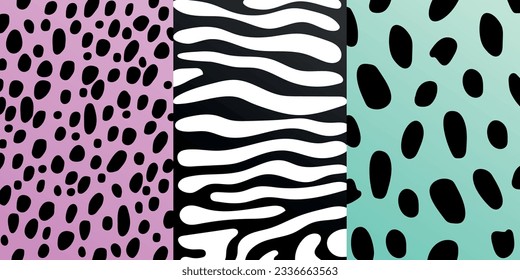 Abstract animal skin pattern set. Black and white wavy lines and black spots on violet and green backgrounds. Vector illustration.