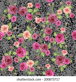 Abstract animal skin and roses. Seamless repeating pattern