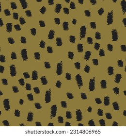 Abstract animal skin seamless repeat pattern with black shapes, spots, brush marks on a mossy green, earthy, tobacco brown background