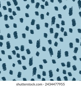 Abstract animal skin seamless repeat pattern with navy shapes, spots, brush marks on soft warm blue background