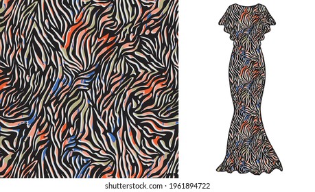 Abstract Animal Skin Tiger Seamless Pattern Design On Women's Dress Mockup.  Tiger, Zebra Fur. Black And White Seamless Background For Fabric, Textile, Design, Cover, Wrapping.