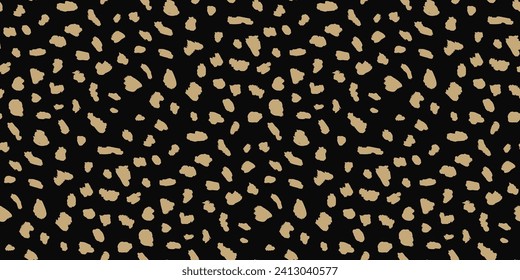 Abstract animal skin vector seamless pattern. Simple black and gold texture with brush spots, dots, strokes, organic shapes. Stylish golden background. Wild leopard print. Minimal luxury repeat design