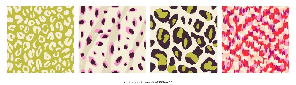 Abstract animal skinand fur print seamless pattern with nature hand drawn shapes, spots, dots and lines with textures. Vibrant jungle boho print. Modern exotic collage geometric vector illustration.