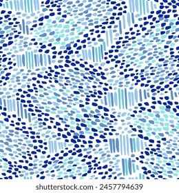 Abstract animal snake skin seamless repeat pattern camouflage made with oblong camo shapes, spots, brush marks in tonal blue hues