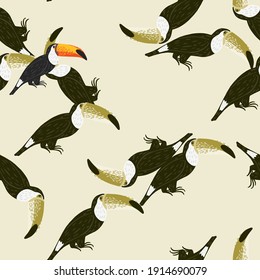 Abstract animal tropic seamless pattern with random toucan bird silhouettes. Light background. Flat vector print for textile, fabric, giftwrap, wallpapers. Endless illustration.