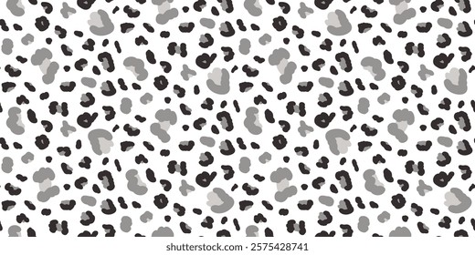 Abstract animalistic monochrome seamless pattern. Leopard print endless background. Cheetah or panther skin texture repeat cover. Vector hand drawn black and white allover illustration.