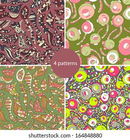 Abstract animals  colorful set of four bright new  seamless patterns with flowers. Pattern can be used for wallpaper. Vector backgrounds with bright  shades. Pattern can be used for wallpaper pattern.