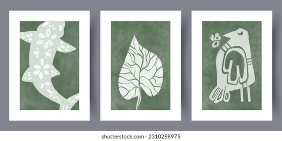 Resumen de animales ecología plantas de arte mural impreso. Paredes de arte para el diseño interior. Afiche de animales abstractos imprimibles mínimo. Marco decorativo contemporáneo con plantas. Colección, establecida.