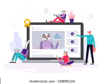 Abstract animals learning using laptops, watching online video course and discuss it. Background or banner for site or landing page with a distance course theme. Vector illustration