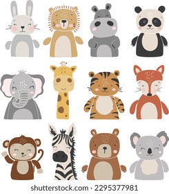 Abstract animals vector, Boho baby animals set vector, cute animals isolated, adorable safari baby for print, vector illustration