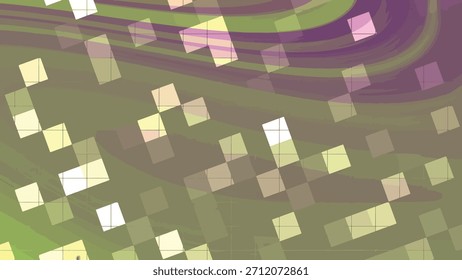 Abstract animated background with geometric shapes and fluid lines in vibrant green and purple, Abstracts Twirl Blink Square, Stock royalty image.