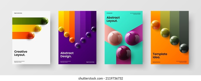 Abstract annual report A4 design vector template set. Isolated 3D spheres booklet concept bundle.